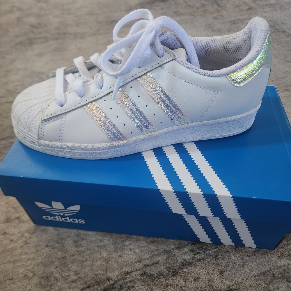 Adidas Kids White Sneakers with Iridescent Stripes